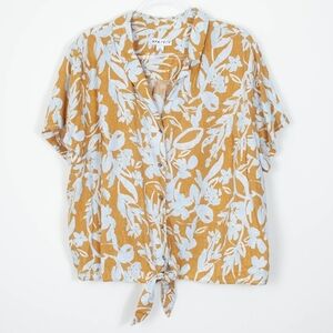 ✨️4/$20. Mustard Powder Blue Floral Tie-Front Blouse, Linen Rayon Blend,